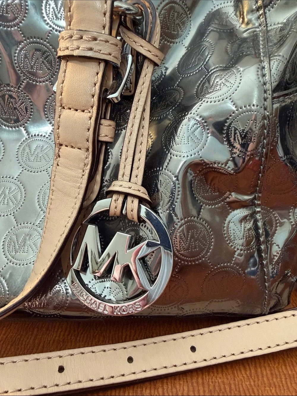 Michael Kors Metallic Silver Satchel with Cream Handles